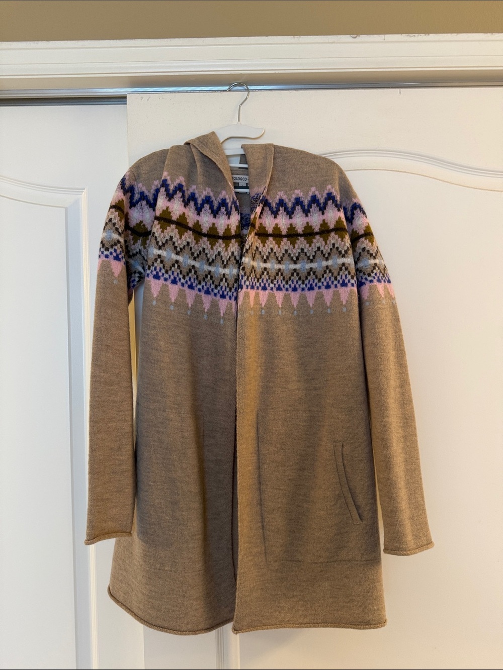 Toad&Co Taupe Heartfelt Hooded Cardigan with Pink, Blue & Olive Fair Isle Yoke